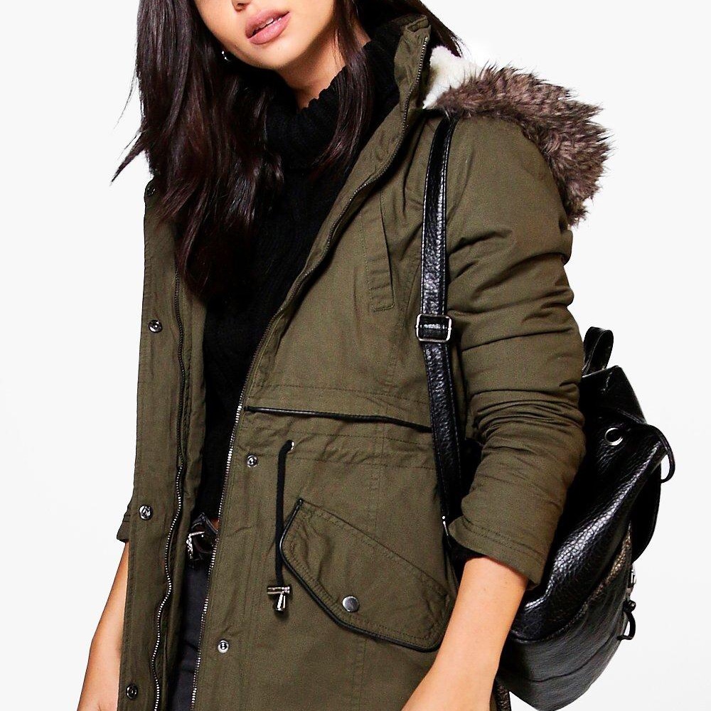 Boohoo Parka With Faux Fur Trim Hood
